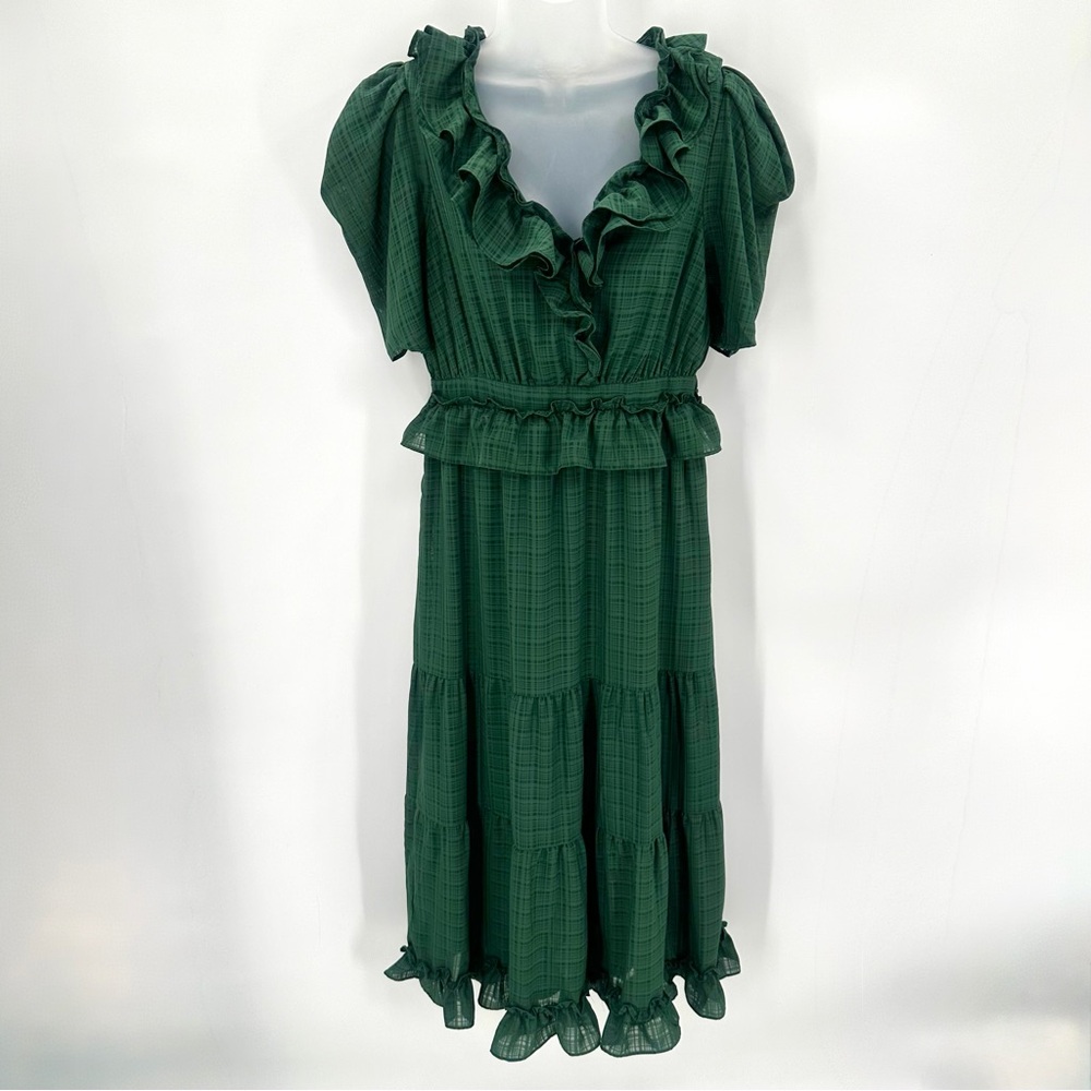 MOON RIVER Dress Womens M Green Tiered Ruffle Puff Short Sleeve Long Lined new